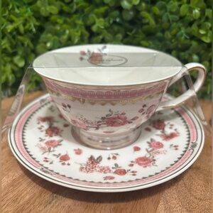 Grace Teaware NWT Classic Pink Floral Porcelain Teacup and Saucer Set